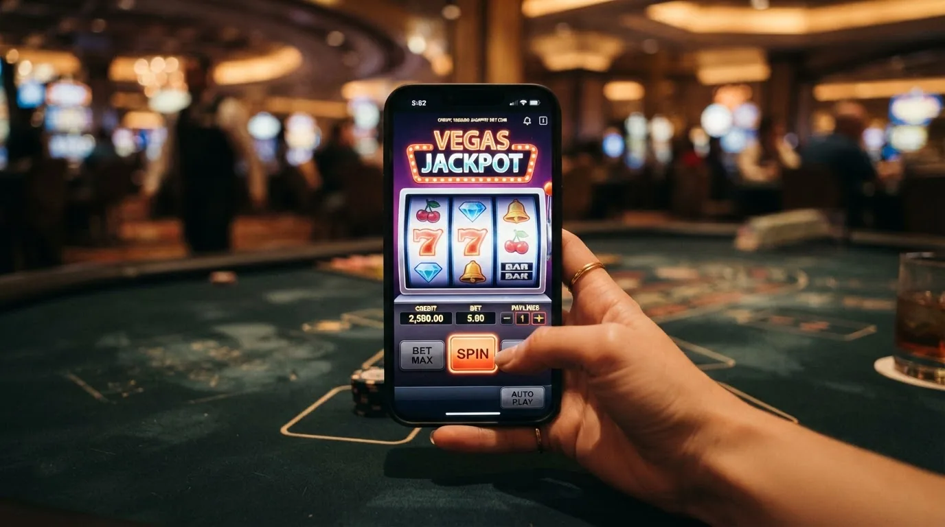Una tragaperras vertical en primer plano sobre la pantalla de un móvil con los botones de giro y ajuste de apuesta ampliados para el pulgar, rodeada de iconos de ruleta y casino en vivo