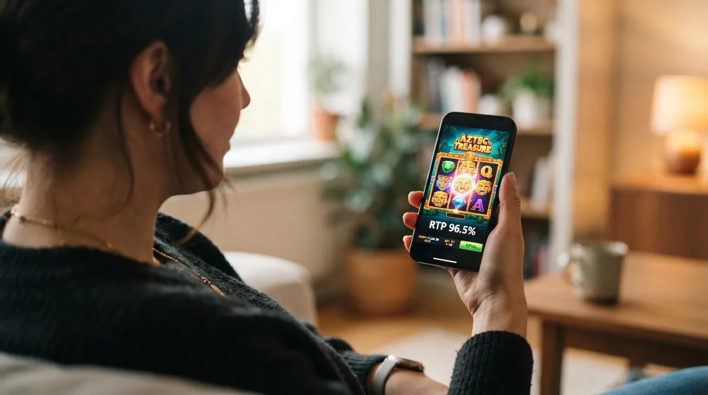 Captura de pantalla de un slot como Book of Dead o Gates of Olympus en una app de casino, mostrando los rodillos y la información de RTP en la ficha del juego
