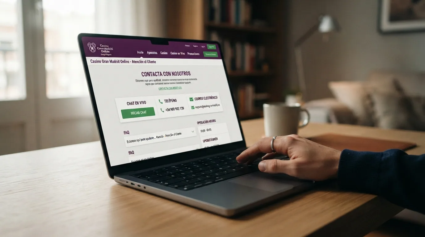 Sección de contacto de Casino Gran Madrid Online con el chat en vivo, número de teléfono y correo electrónico visibles