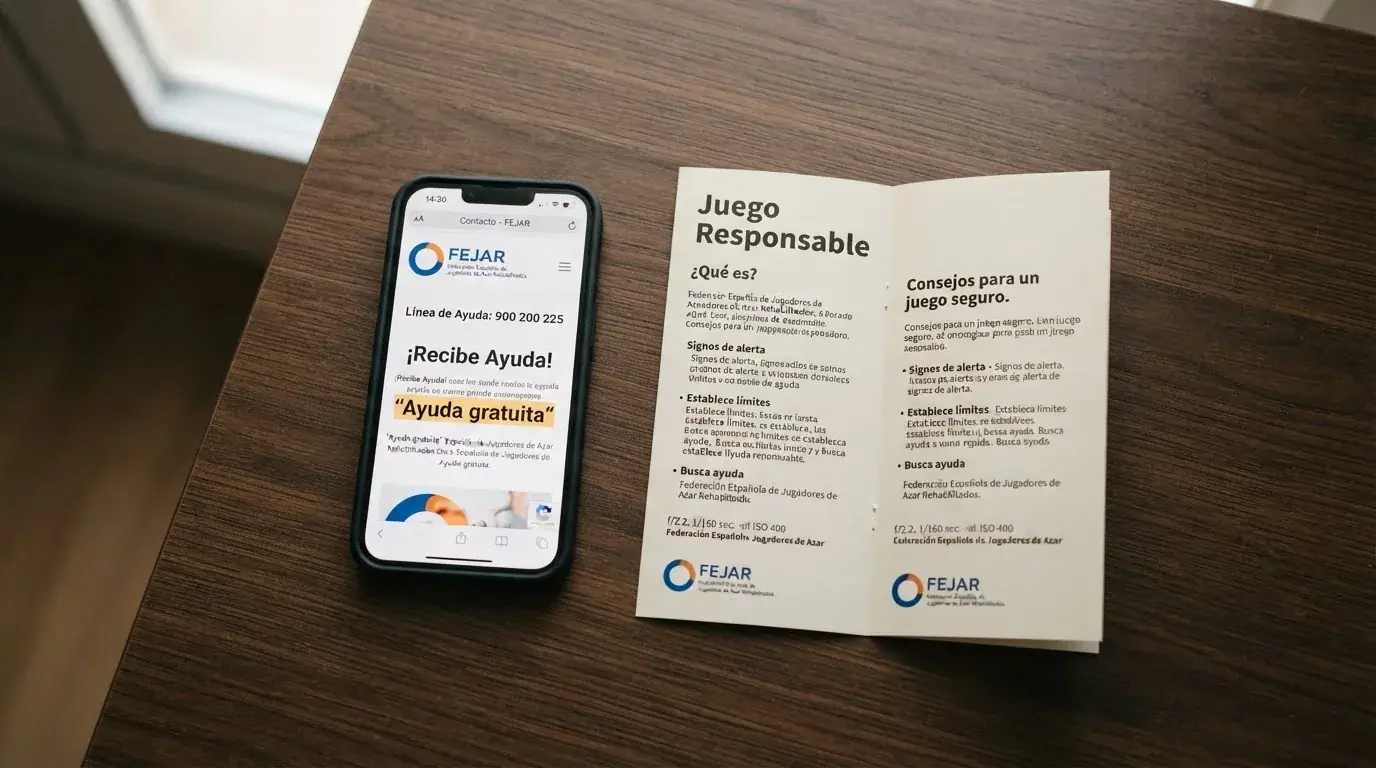 Teléfono móvil mostrando la página de contacto de FEJAR junto a un folleto informativo de juego responsable del DGOJ