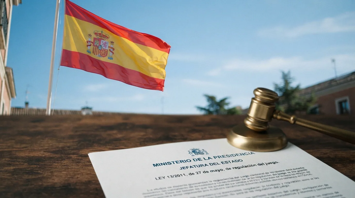 Bandera de España junto a un documento oficial del BOE con el texto de la Ley 13/2011 de regulación del juego visible