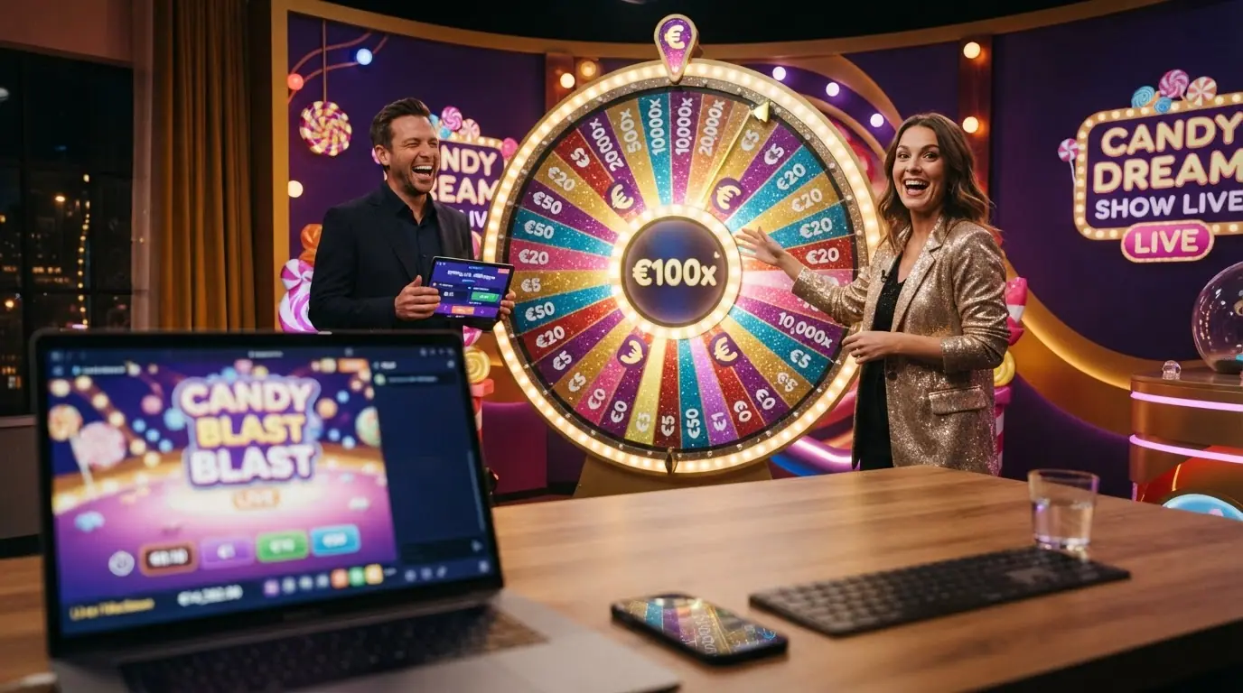 Plató de Sweet Bonanza Candyland con la mega wheel iluminada, dos presentadores y la interfaz de apuesta del jugador visible en la parte inferior