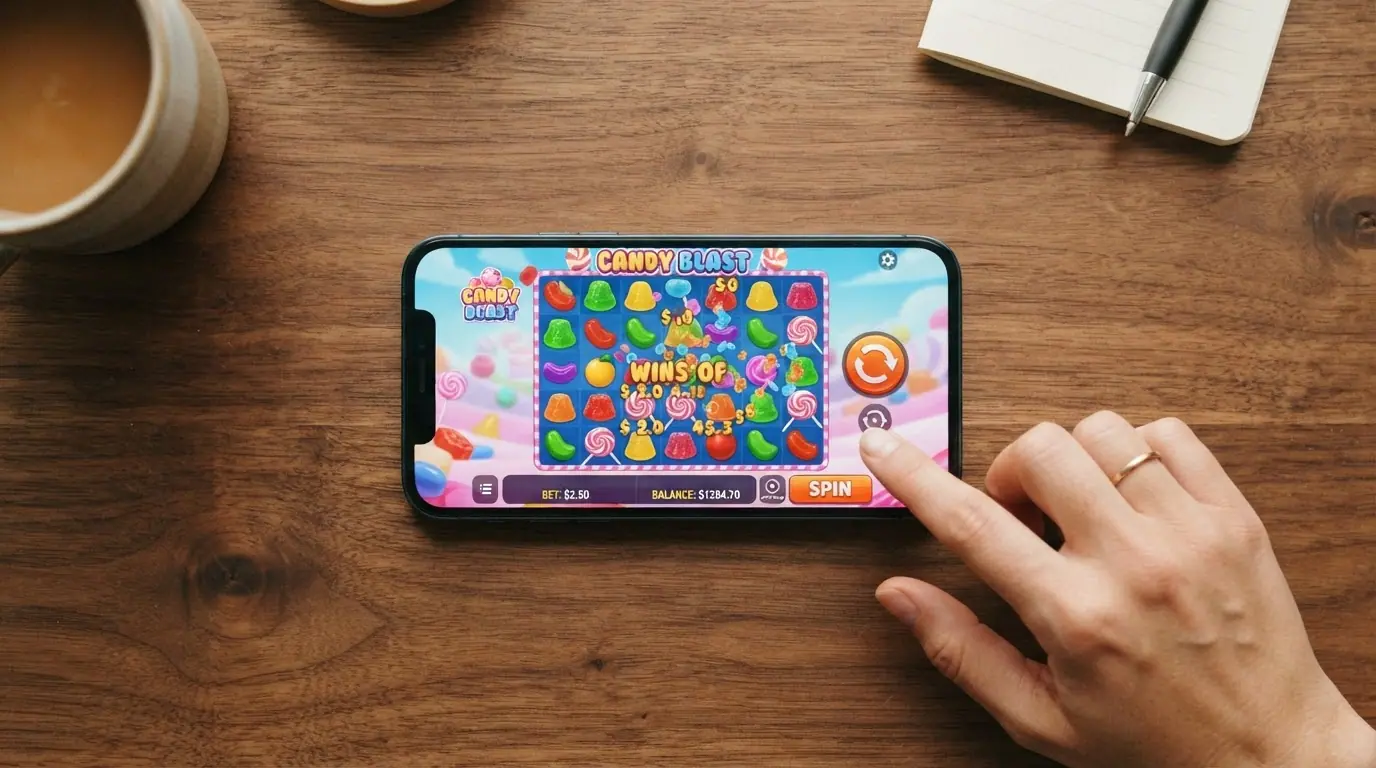 Teléfono móvil en horizontal mostrando Sweet Bonanza en una sesión de juego activa, con la barra de apuesta y el botón de giro visibles en la pantalla táctil
