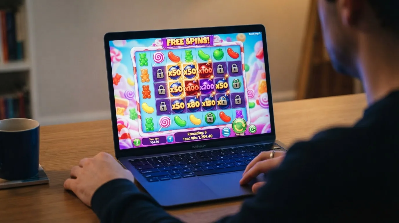 Captura de la ronda de tiradas gratis de Sweet Bonanza original con varios multiplicadores de bomba visibles en pantalla y un contador de ganancia activo