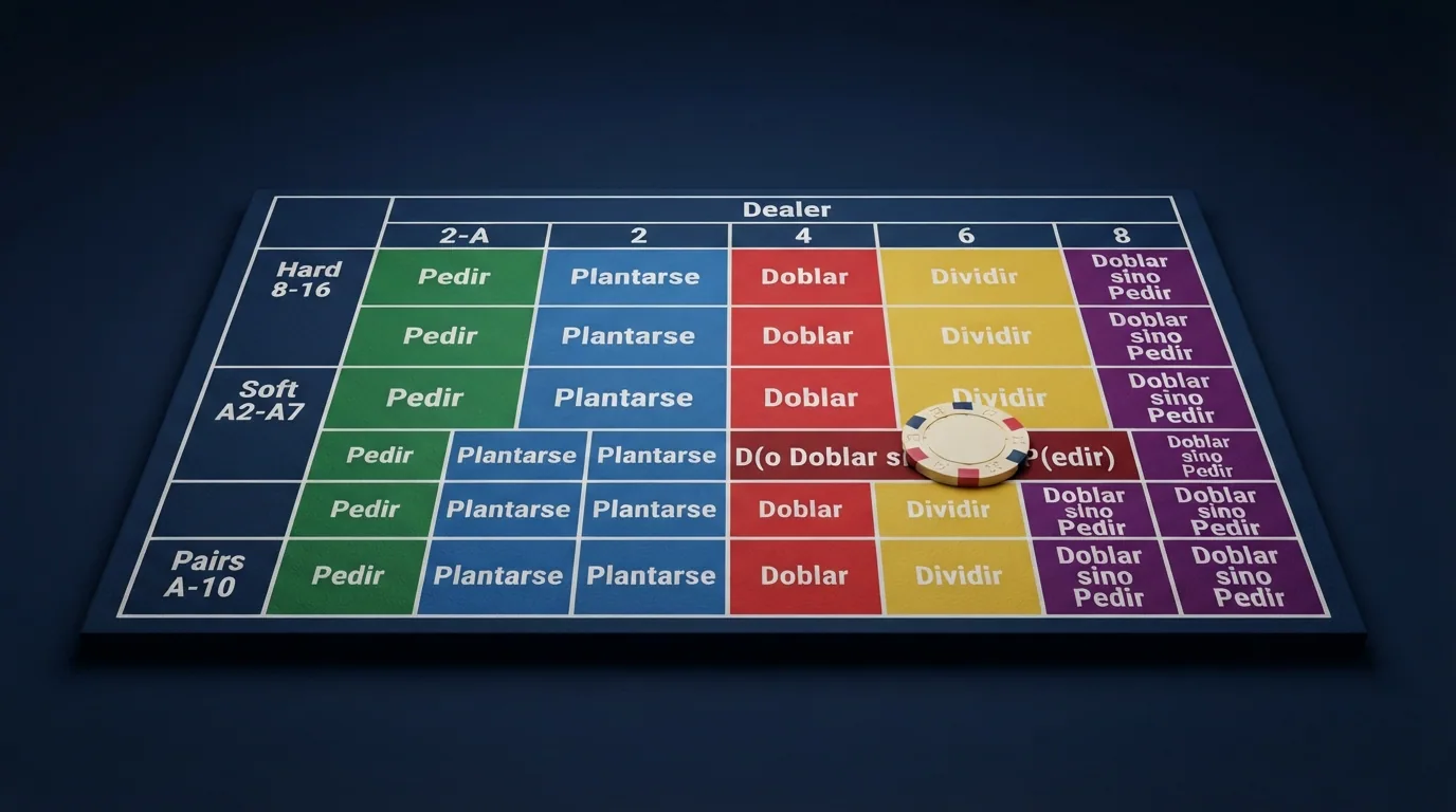Una tabla de estrategia básica del blackjack con las decisiones óptimas (pedir, plantarse, doblar, dividir) para cada combinación de mano del jugador y carta visible del crupier
