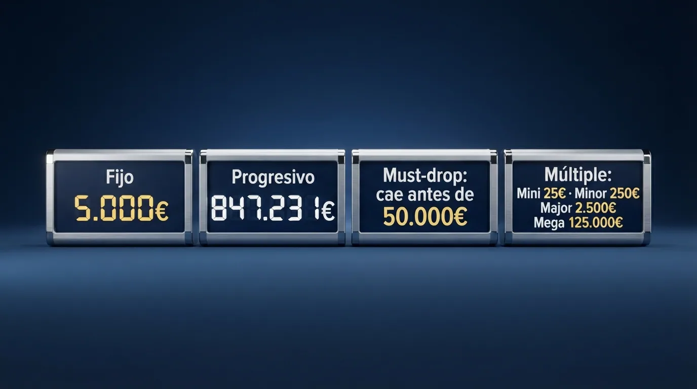 Cuatro contadores de jackpot alineados con etiquetas: «Fijo 5.000€», «Progresivo 847.231€», «Must-drop: cae antes de 50.000€» y «Múltiple: Mini 25€ · Minor 250€ · Major 2.500€ · Mega 125.000€»