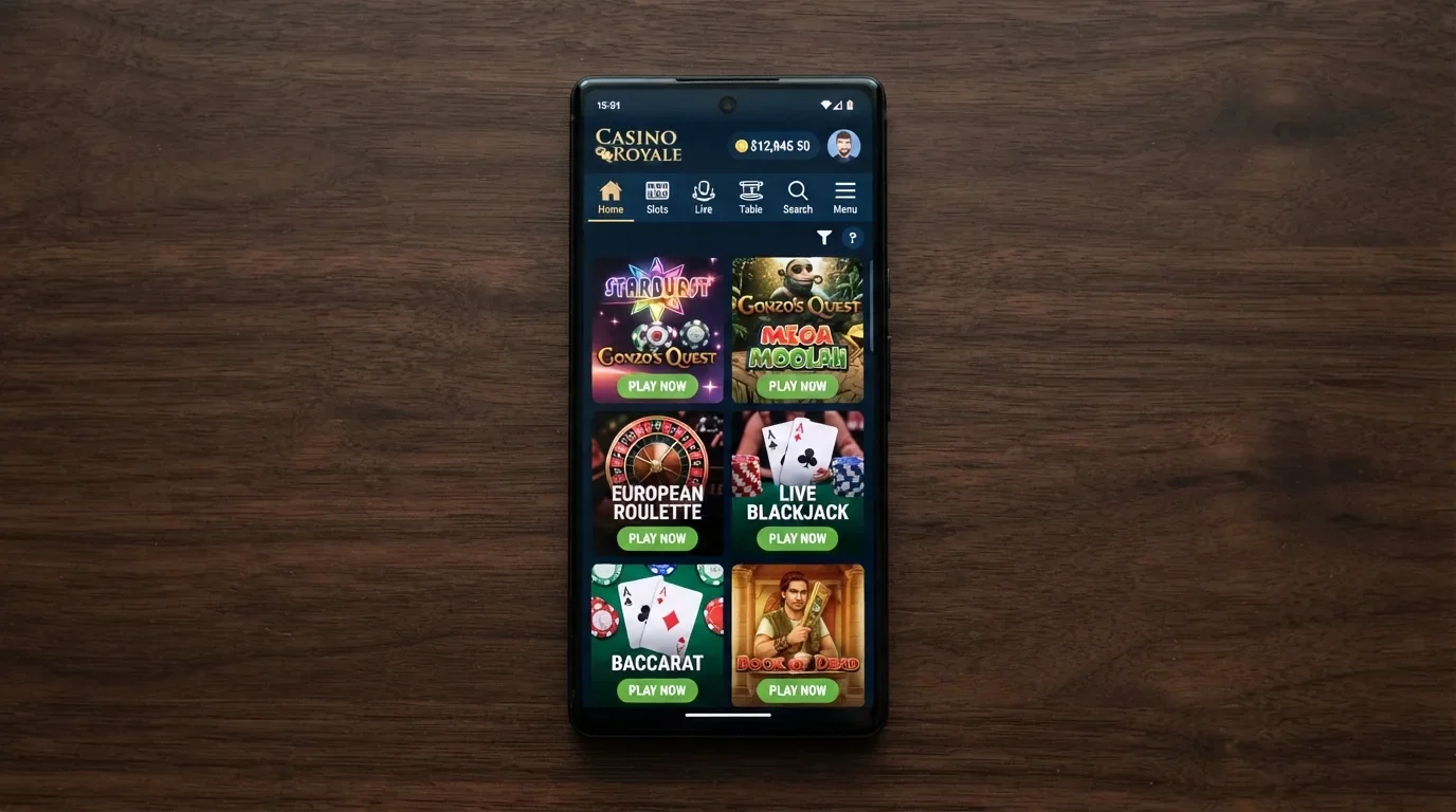 Pantalla de móvil Android con mosaico de iconos de tragaperras, ruleta en vivo y blackjack del catálogo de un casino online