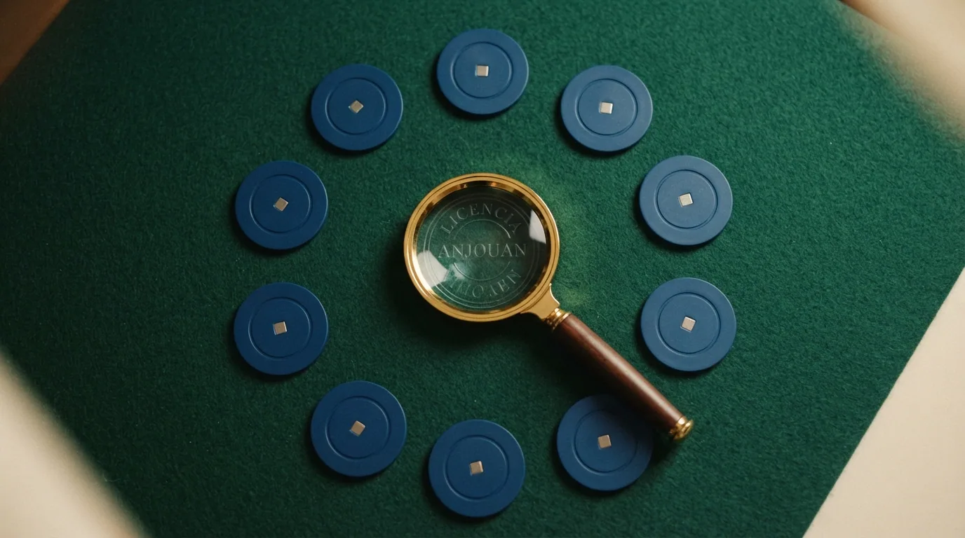 Collage de fichas de casino con los logotipos de los operadores destacados y una lupa sobre el sello de licencia de Anjouan