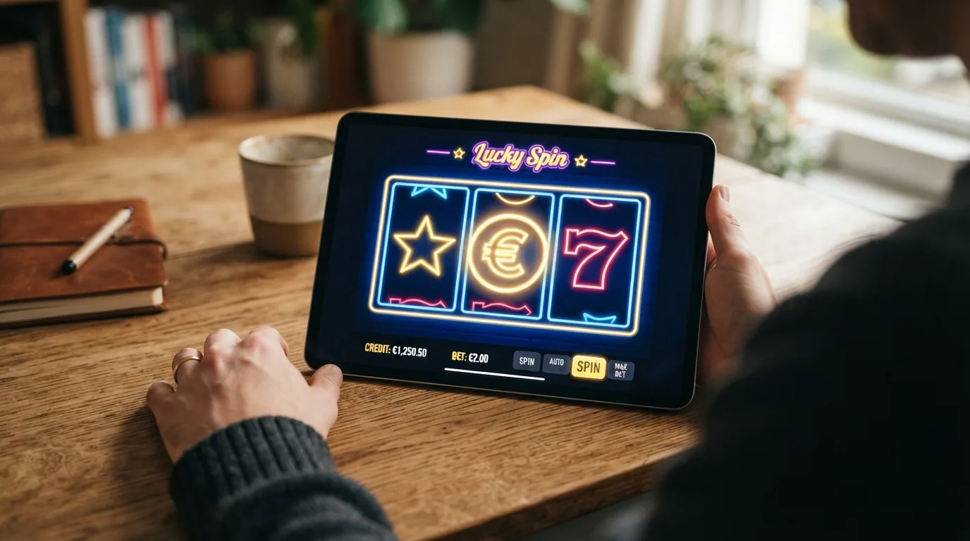 Interfaz de una tragaperras online en un casino con licencia DGOJ mostrando el RTP en pantalla y los controles de apuesta
