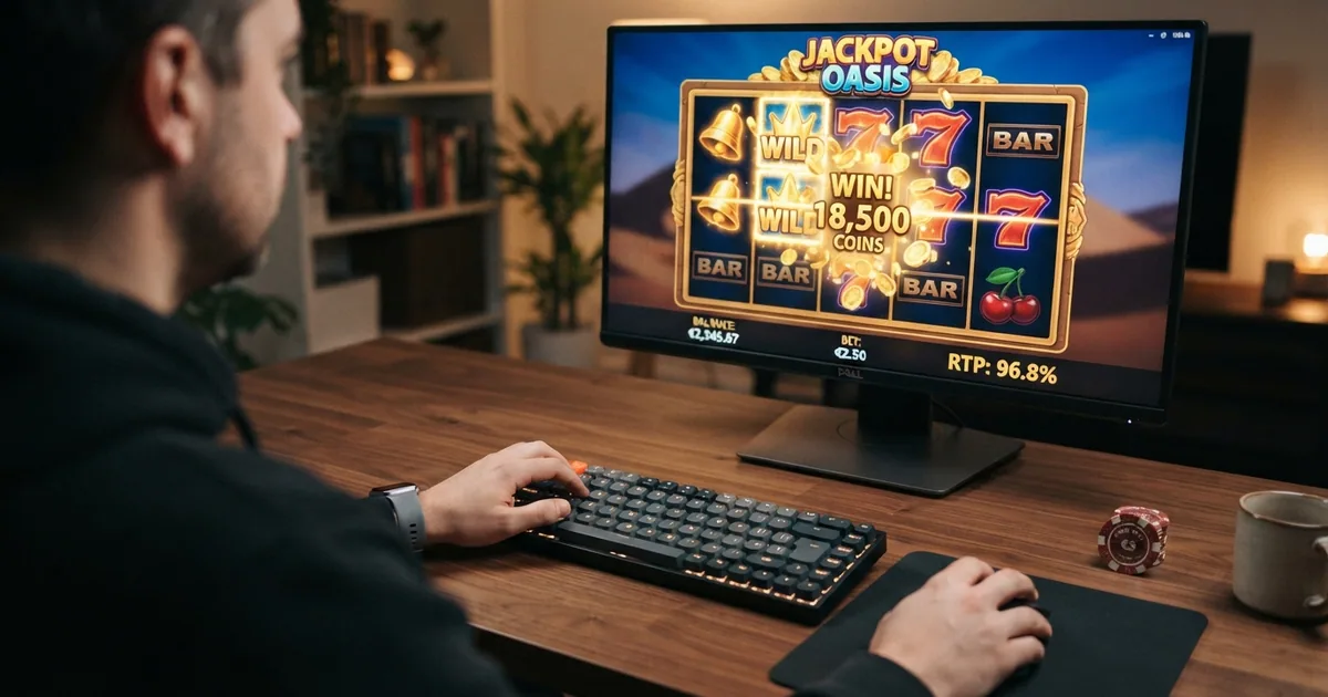 Interfaz de una tragaperras online con los carretes detenidos en una combinación ganadora y el panel de información del juego mostrando el porcentaje de RTP