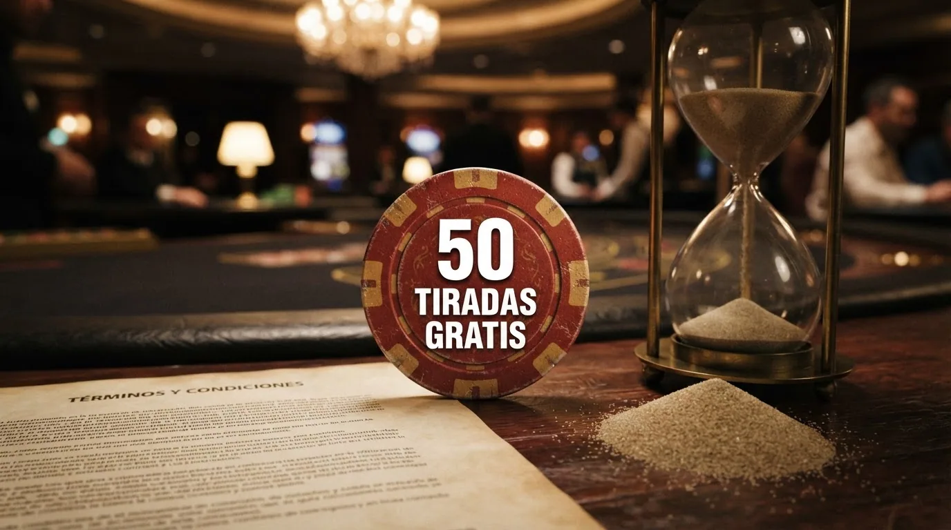 Primer plano de una ficha de casino con el texto «50 tiradas gratis» sobreimpreso y un reloj de arena que se vacía junto a las condiciones de rollover en letra pequeña