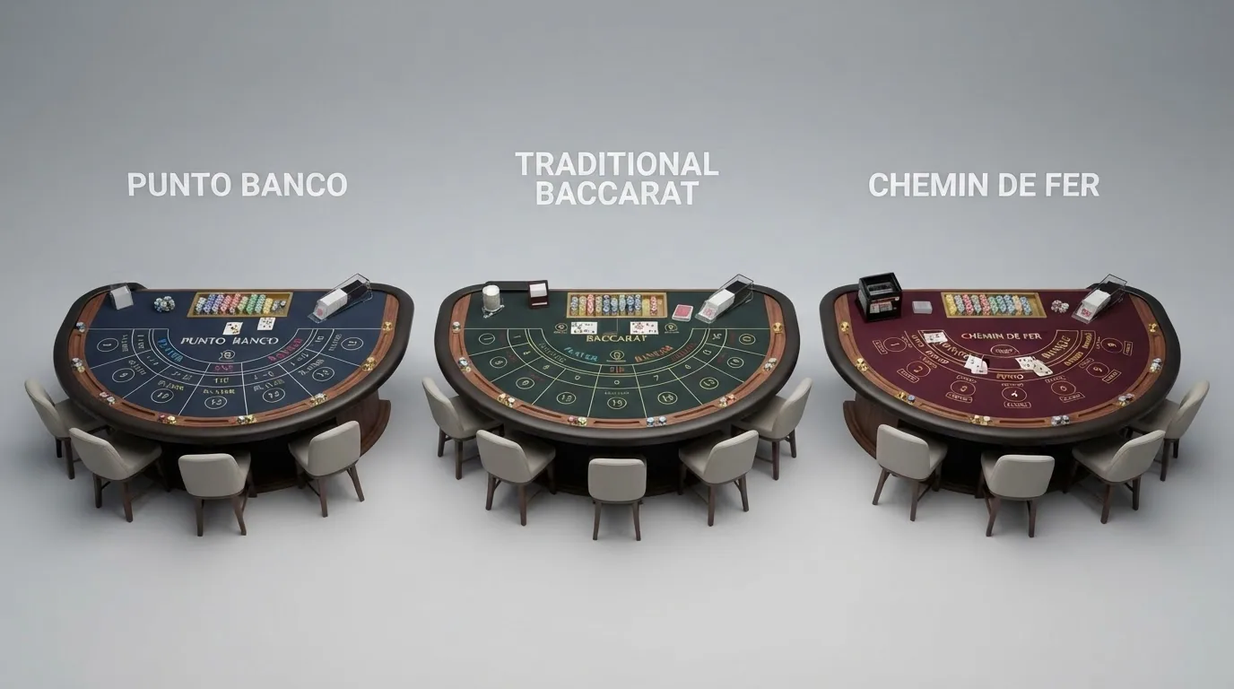 Tres configuraciones de mesa de juego con distintos tableros y disposiciones de cartas que representan el punto banco, el baccarat tradicional y el chemin de fer