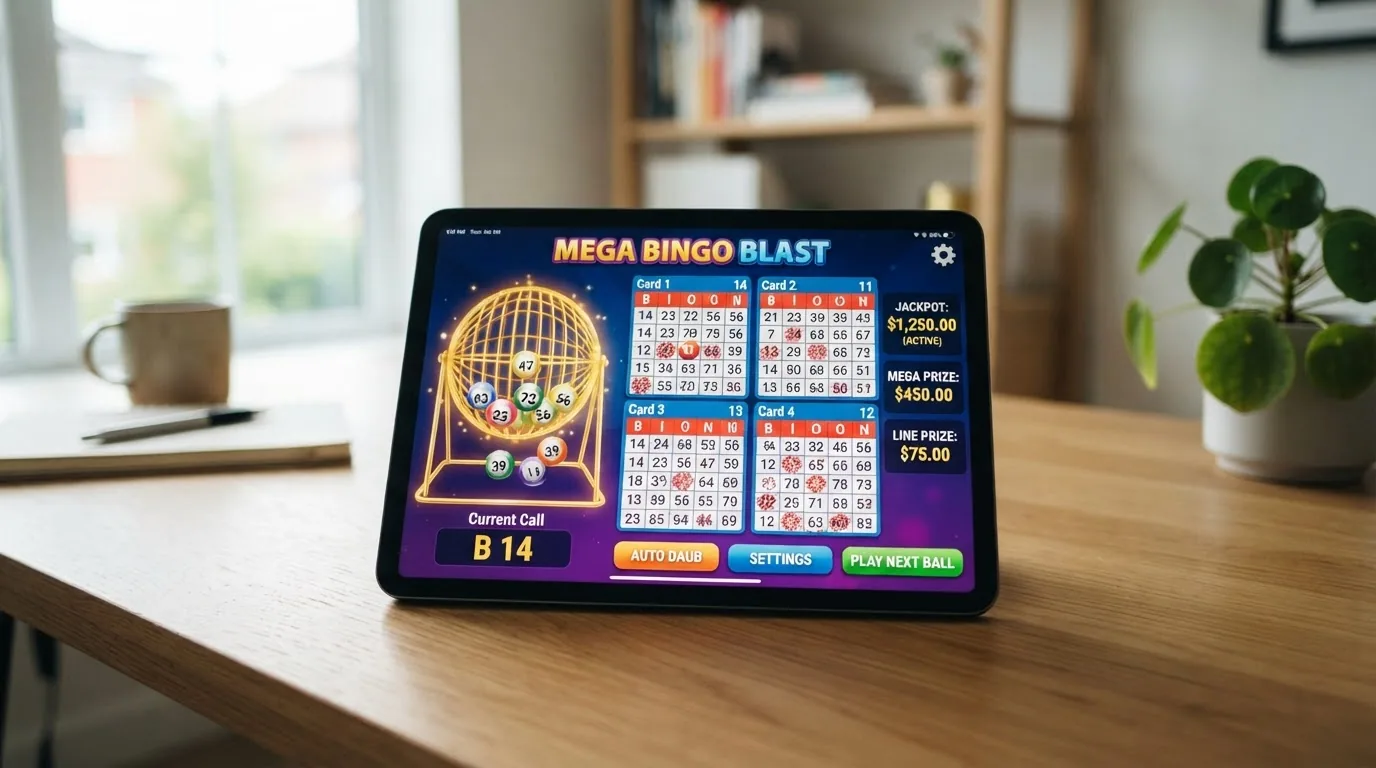 Captura de una partida de video bingo con cuatro cartones activos, bombo virtual y figuras de premio en pantalla