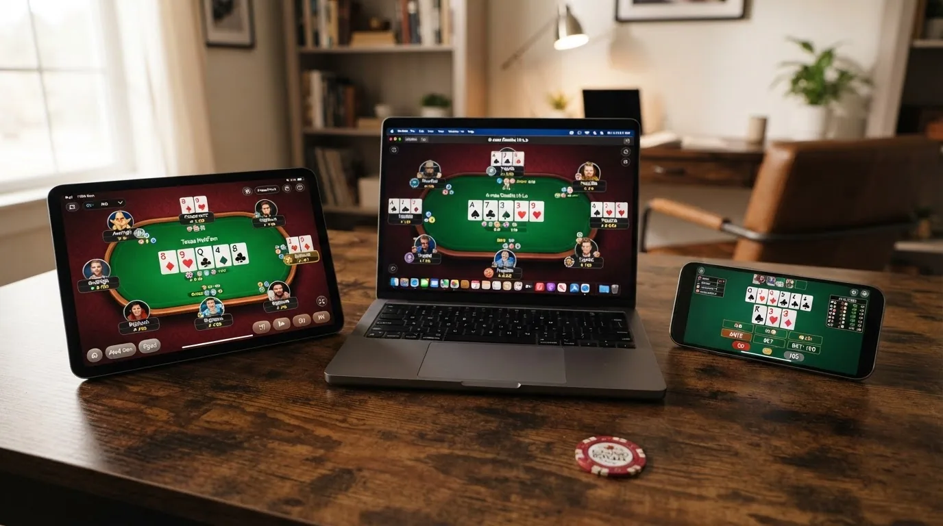 Diferentes interfaces de mesas de poker online mostrando Texas Hold'em, Omaha y Caribbean Stud en un casino con licencia española