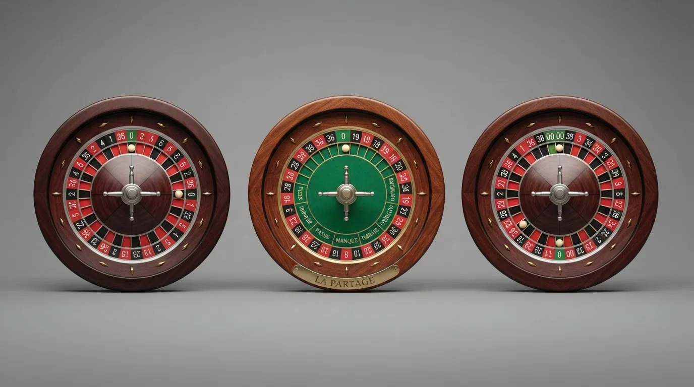 Tres ruedas de ruleta alineadas: europea con un cero, francesa con el paño clásico y americana con el doble cero visible