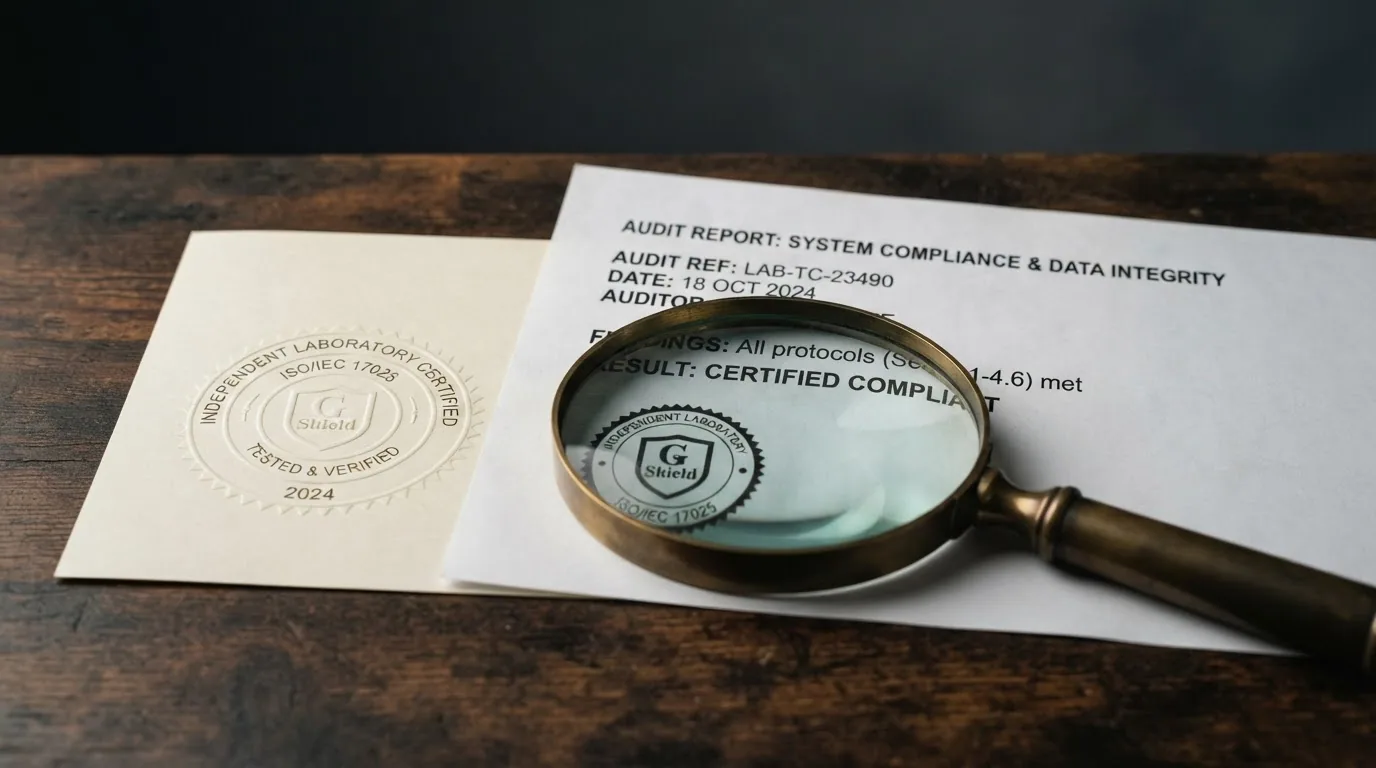 Sello de certificación de un laboratorio independiente junto a un extracto de informe técnico de auditoría de un juego de casino