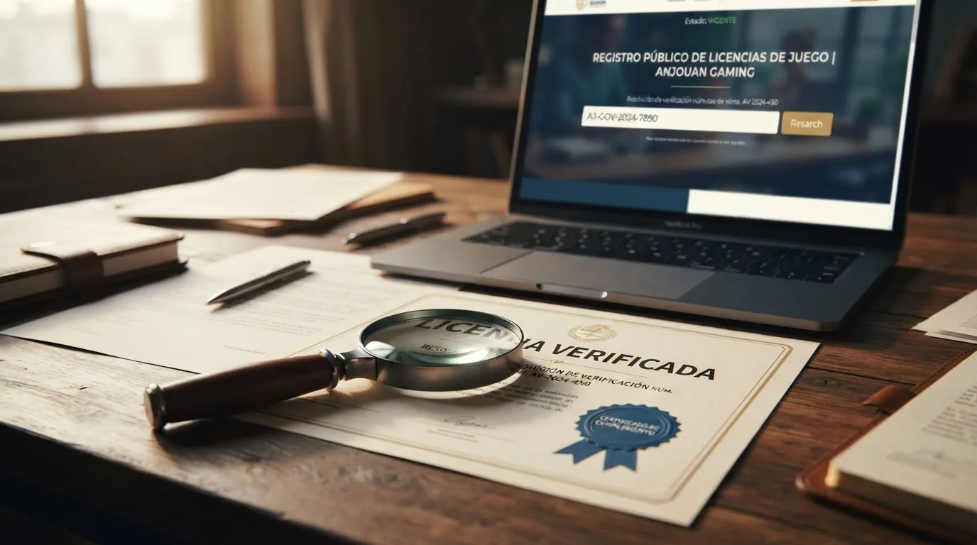 Escritorio con documentos, una lupa sobre un certificado de licencia y una pantalla mostrando el registro público de Anjouan Gaming