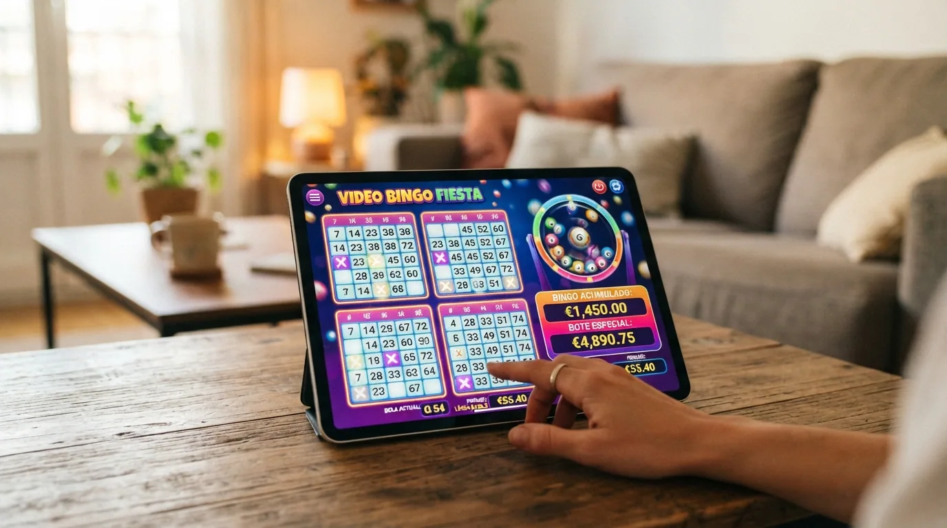 Pantalla de un título de video bingo de MGA Games con cuatro cartones activos, el bombo de 60 bolas y las figuras de premio visibles