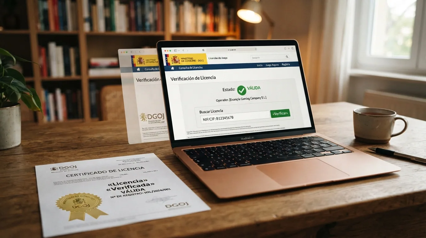 Captura de la página de consulta de licencias de ordenacionjuego.es con el campo de búsqueda visible, junto a un documento oficial con el sello de la DGOJ